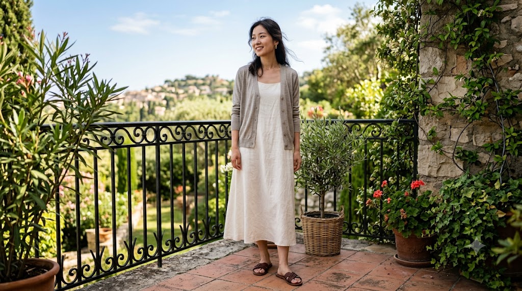 Greige Lightweight Cardigan & White Linen Dress